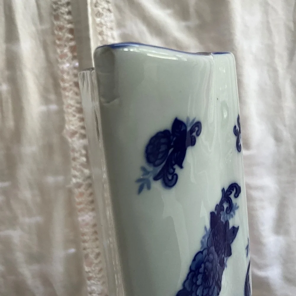 Blue White Floral Chinoiserie Wall Pocket Pitcher Ceramic Vases Cottagecore 2pc